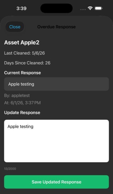 EcoSystem overdue cleaning response screen