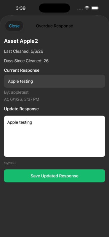 EcoSystem overdue cleaning response screen